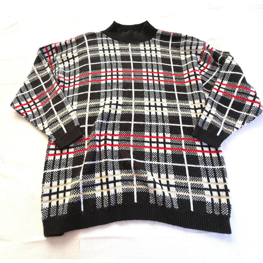 Vintage 90s Plaid Sweater Black Red Mock Neck USA Made‎ Small